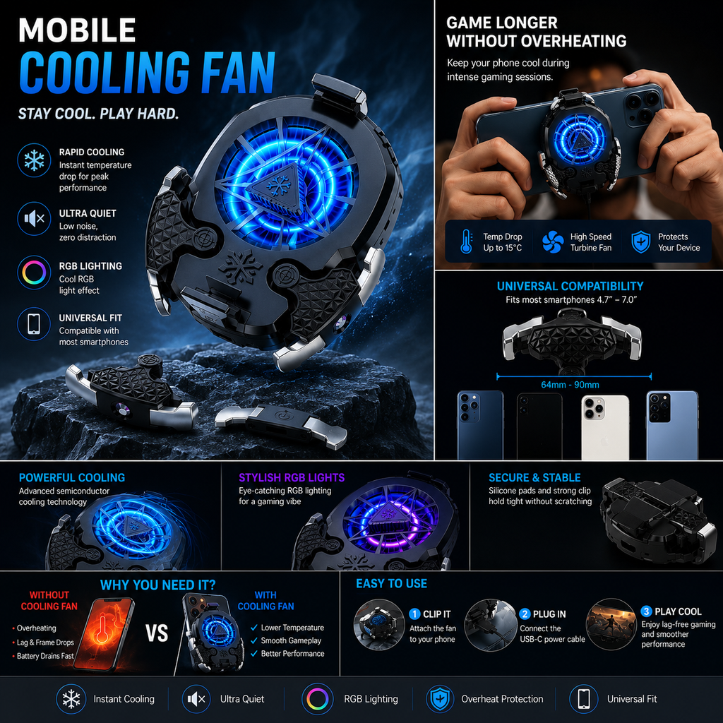IceVolt™ RGB Phone Cooler – Fast Cooling Fan for Mobile Gaming