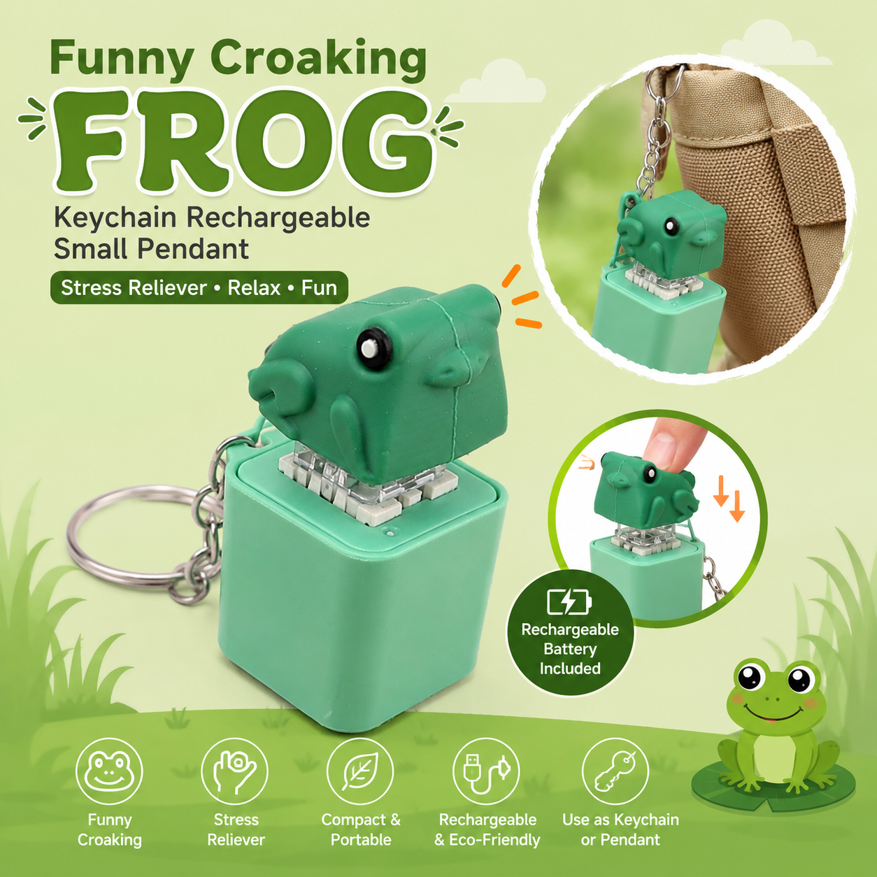 Rechargeable Funny Croaking Frog Keychain | Stress Relief Fidget Toy, Cute Pocket Pendant, Novelty Gift for Kids & Adults